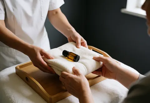 Reflexologist hands presenting a wooden tray with a towel and essential oil bottle to a client in a calm wellness center.