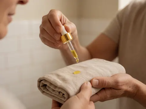 Close-up of essential oil being dropped from a glass dropper onto a beige linen towel with a white tiled background