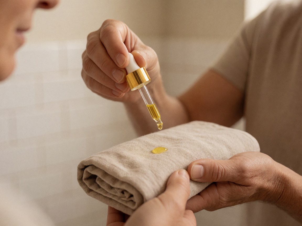 Close-up of essential oil being dropped from a glass dropper onto a beige linen towel with a white tiled background