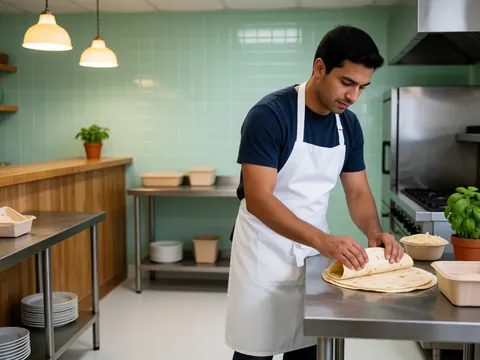 A close-up view of a chef's hands skillfully folding a warm tortilla on a clean kitchen counter with green walls and hanging lights in the background