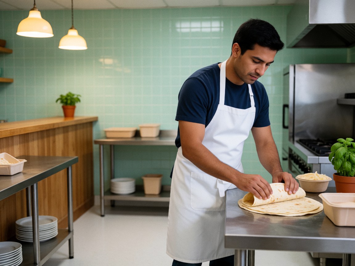A close-up view of a chef's hands skillfully folding a warm tortilla on a clean kitchen counter with green walls and hanging lights in the background