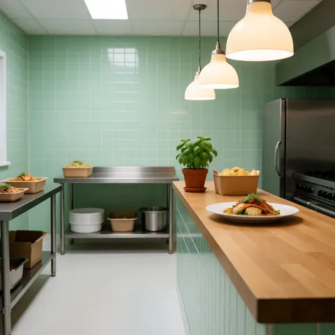 A fresh daily special dish served on a plate, placed on a wooden counter in a clean kitchen with green walls and warm lighting.