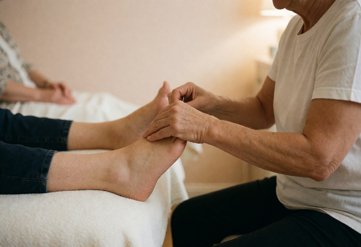 Therapist applying foot massage to a client on a bed with white towel in quiet beige room with soft light
