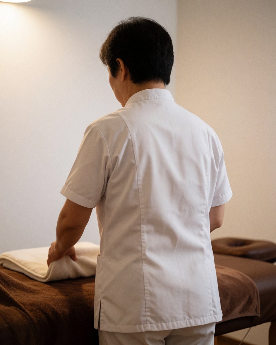A reflexologist stands with their back to the camera, preparing a towel on a massage table in a calm, professional room with warm lighting and white walls.