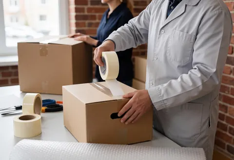 A worker packing a cardboard box with tape in an office with brick walls near a window with natural light, with rolls of tape and bubbles around.