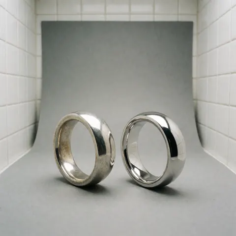 Two silver rings on a gray surface with white tiled walls, one matte and one with bright rhodium plating, highlighting the finish contrast.