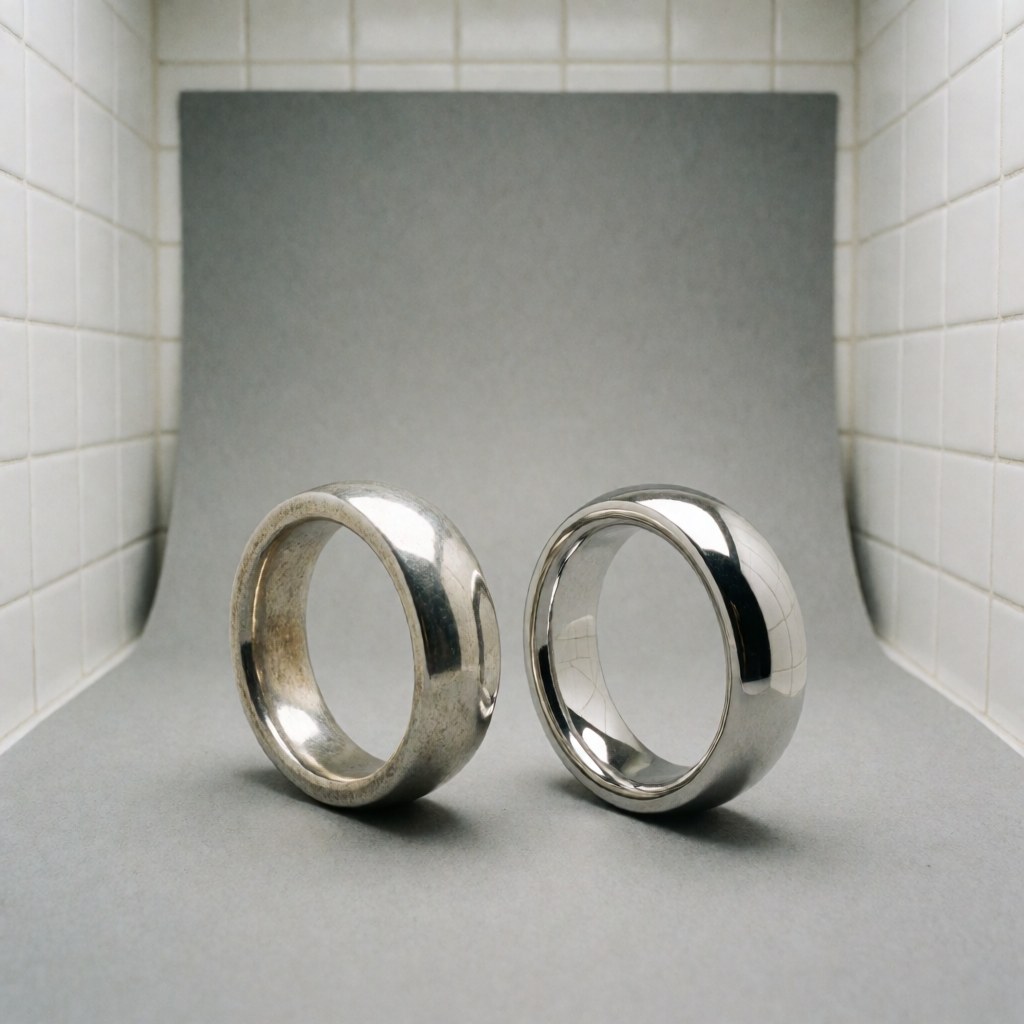 Two silver rings on a gray surface with white tiled walls, one matte and one with bright rhodium plating, highlighting the finish contrast.