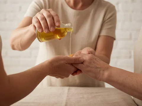 Close-up of golden herbal oil being poured onto skin for professional massage therapy and wellness treatments