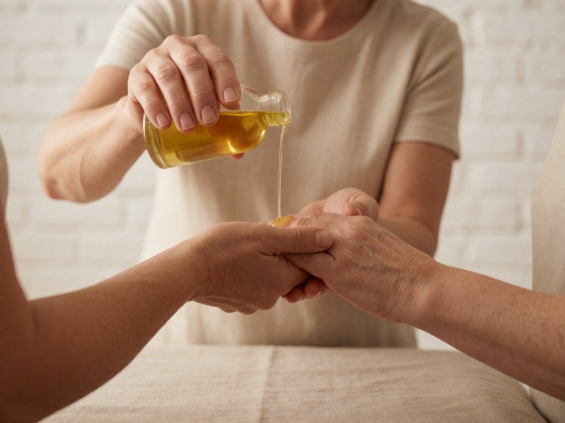 Close-up of golden herbal oil being poured onto skin for professional massage therapy and wellness treatments