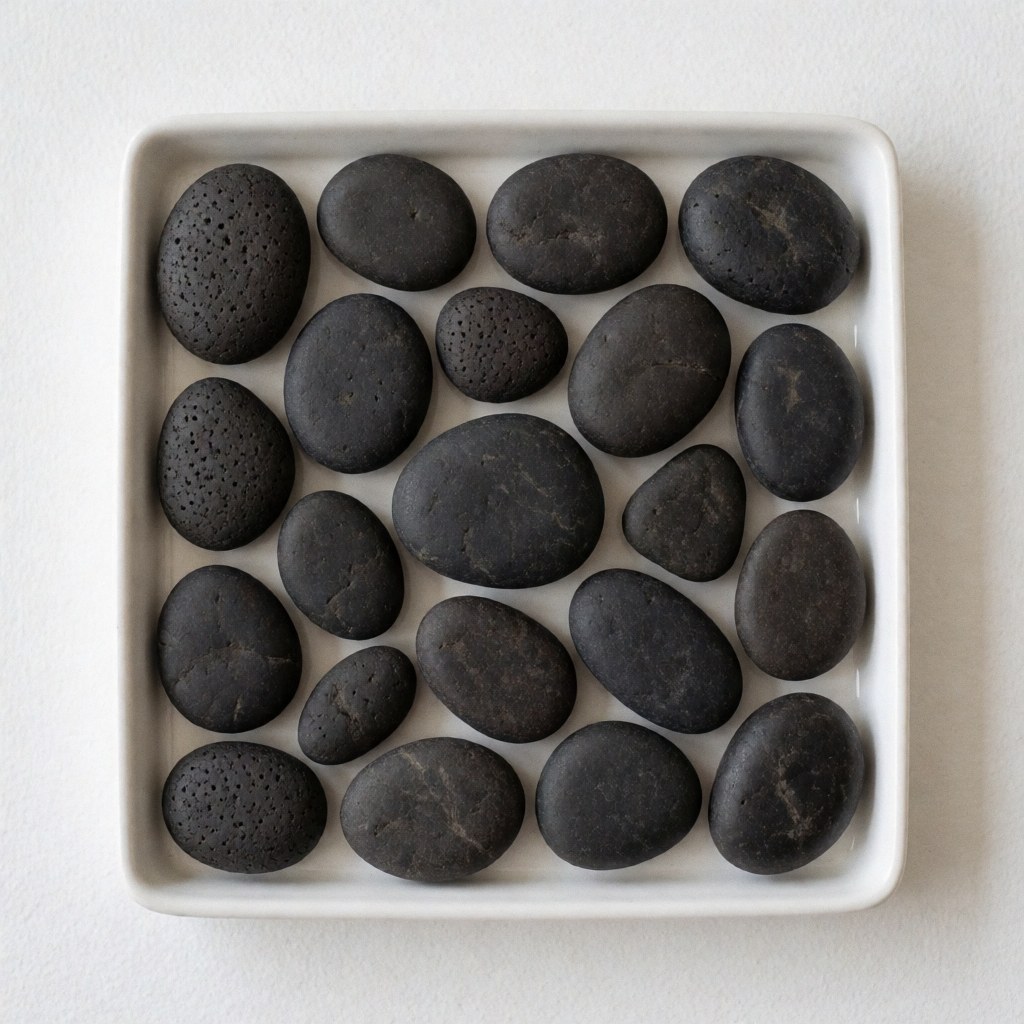 Smooth textured black volcanic rocks arranged on a white plate, suitable for Thai massage and natural wellness treatments
