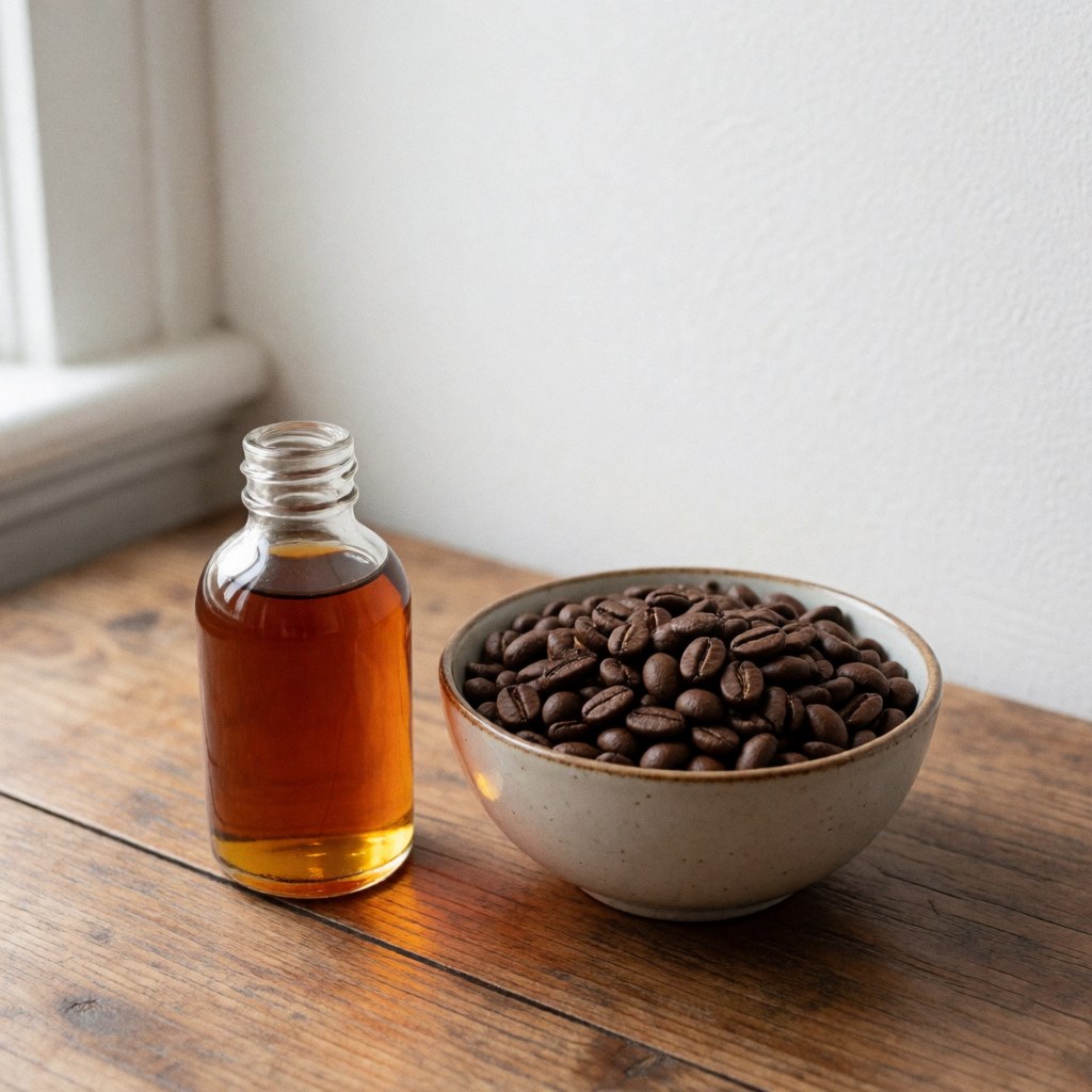 A bag of Colombian coffee oil surrounded by roasted coffee beans, suitable for spa and natural ingredient themes