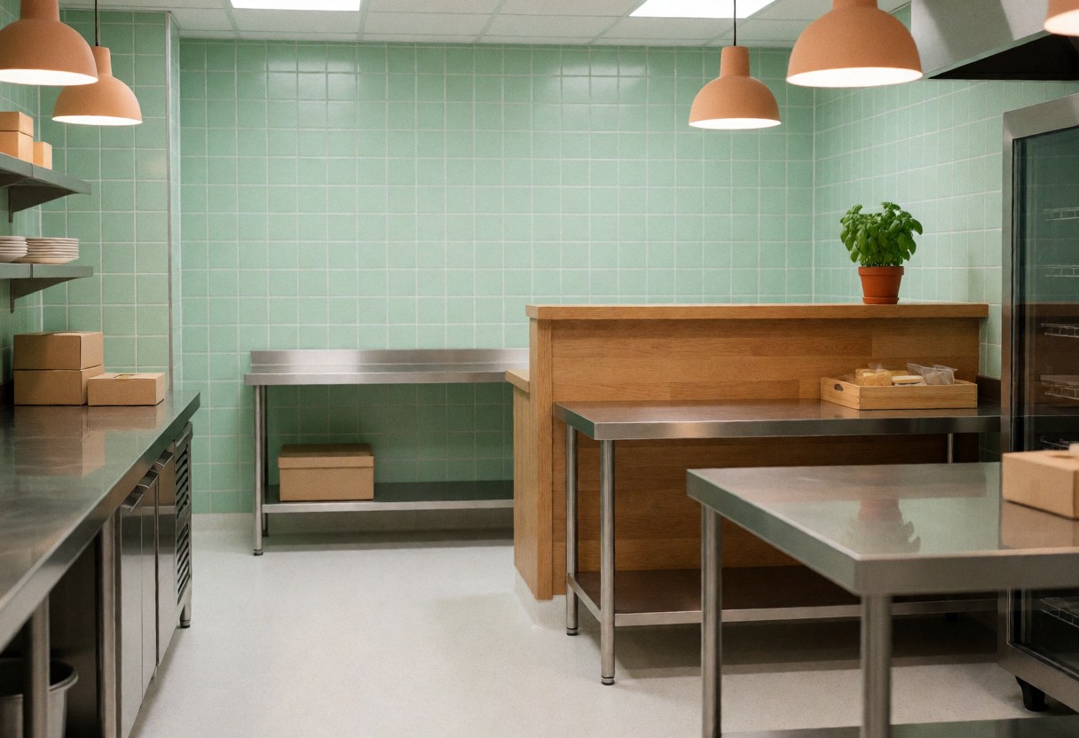 A clean and organized kitchen interior with a table, wall, plant, basil, steel, light, floor, and background, showcasing order and professionalism for restaurant use.