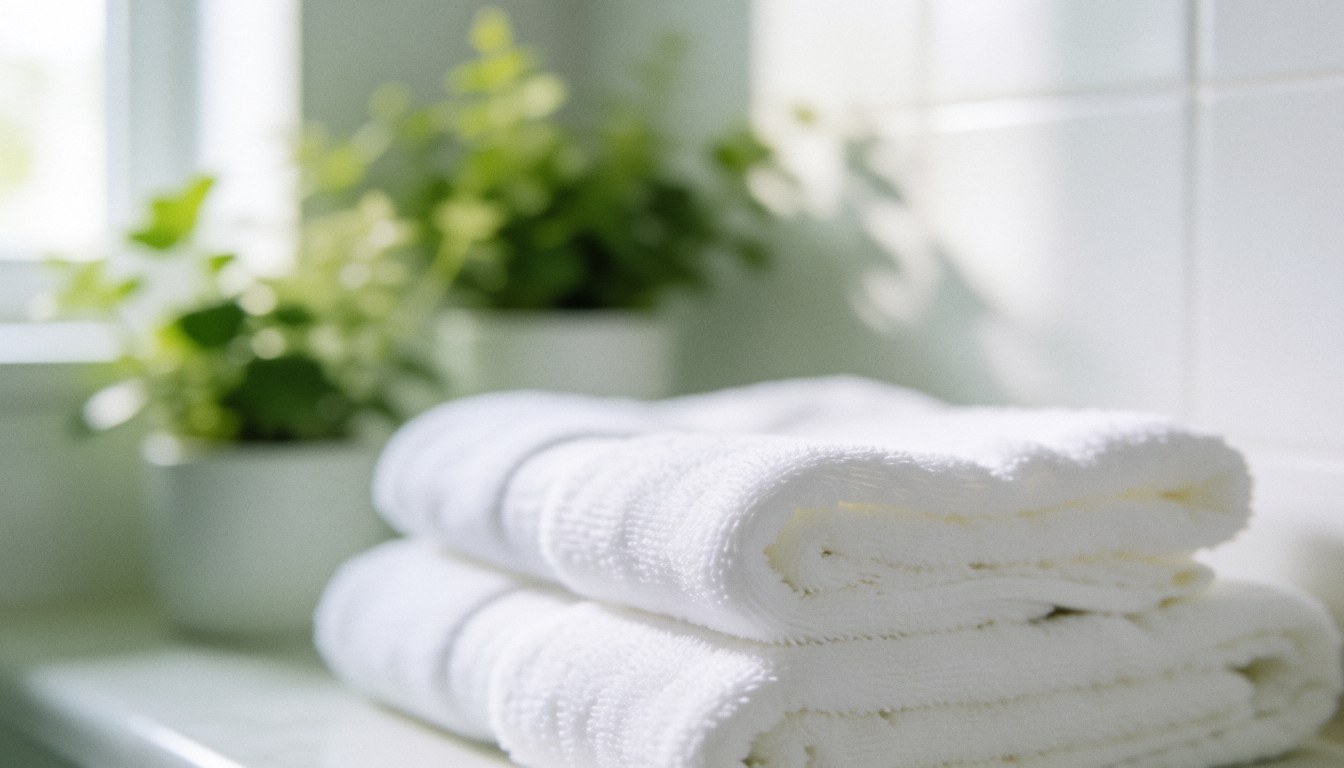 Folded white towels and a green plant in a bright bathroom with white walls and natural light, suitable for Thai massage or spa text backgrounds.