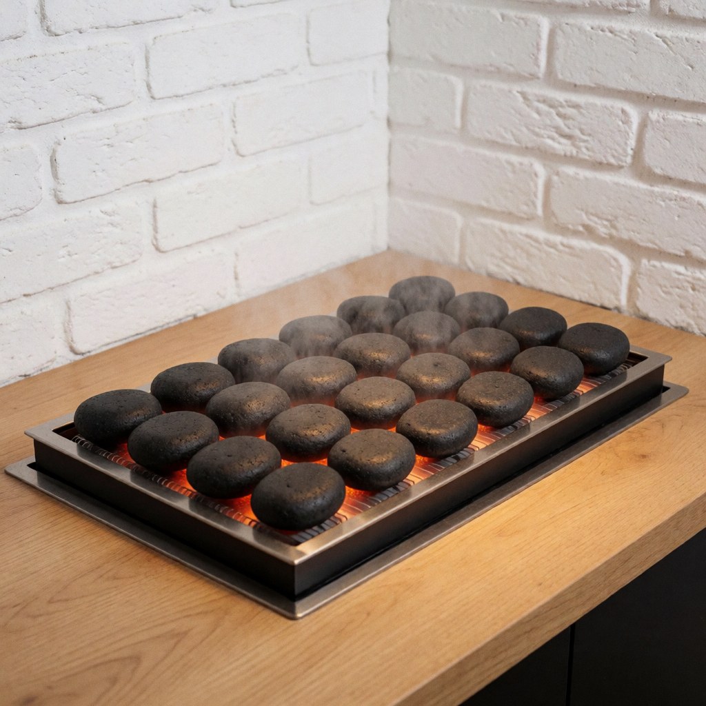 A wooden tray holding smooth black basalt stones ready for a hot stone massage treatment on a white brick surface