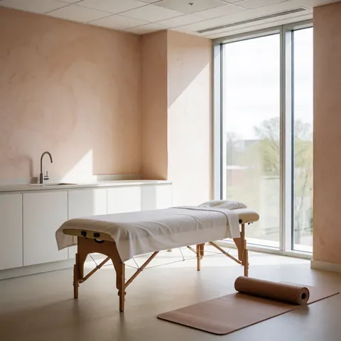 White sheeted massage table in a terracotta-walled wellness room with yoga mat, large window, and natural light