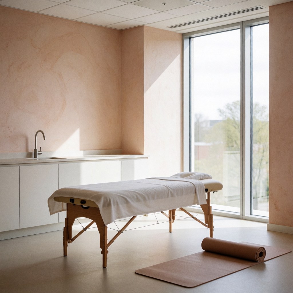 White sheeted massage table in a terracotta-walled wellness room with yoga mat, large window, and natural light