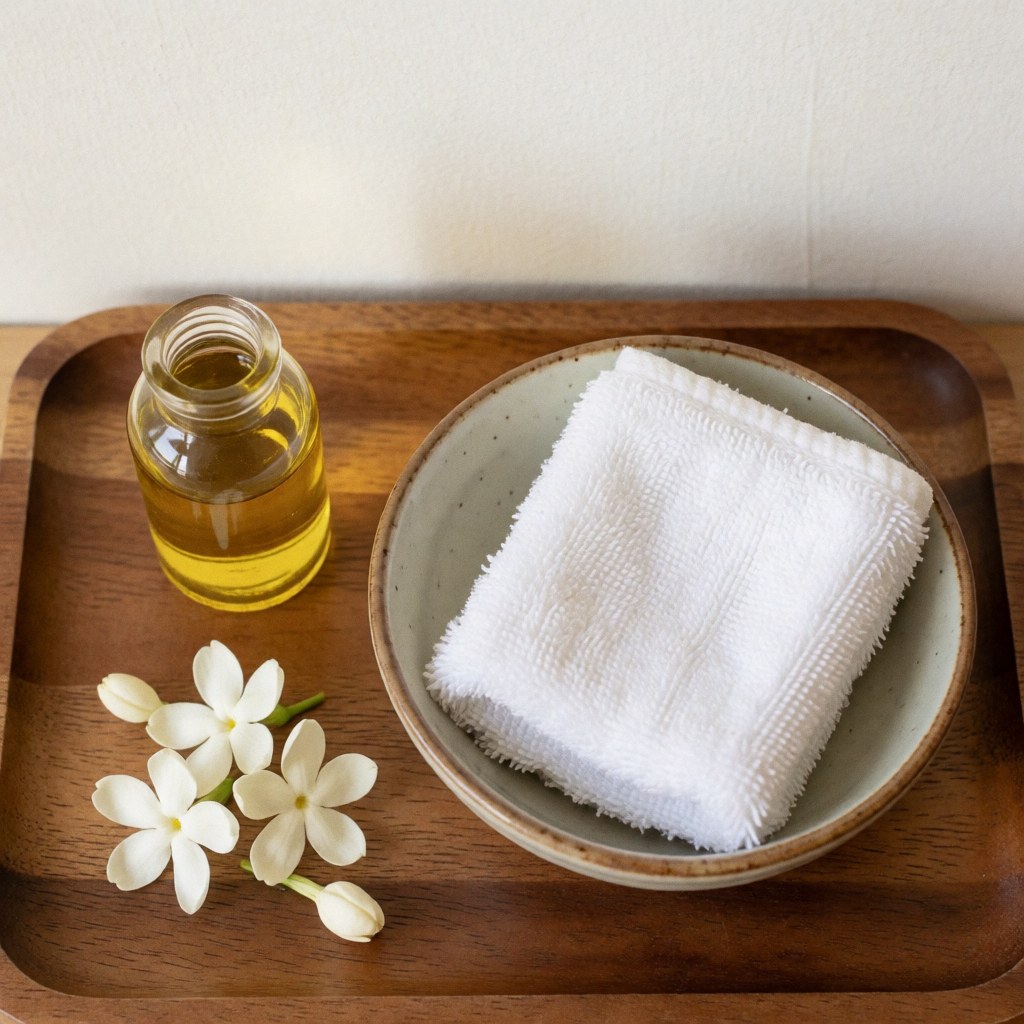 Wooden tray holding massage oil, white towel in a bowl, and fresh jasmine flowers for natural relaxation