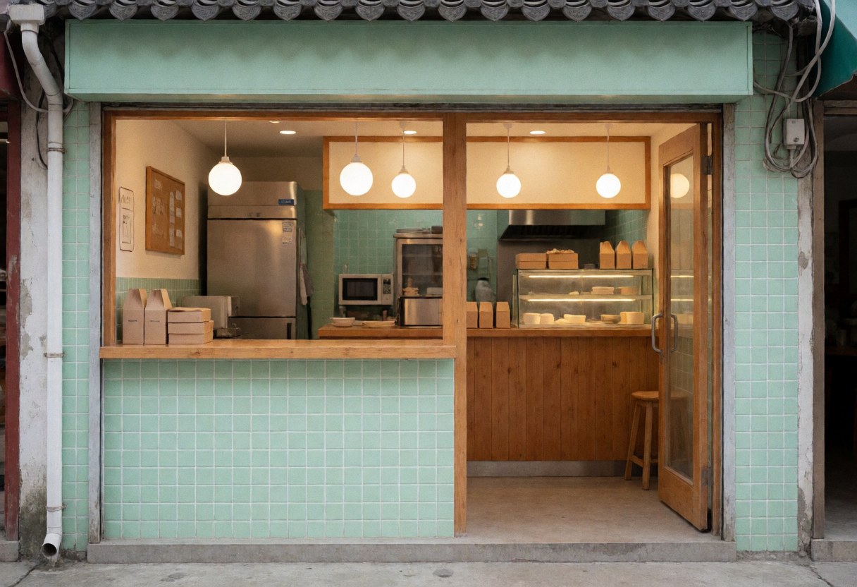 A welcoming entrance to a small restaurant featuring a tiled floor, wooden elements, warm lighting, and a green door leading to the interior dining area.
