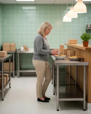 A satisfied woman eating a meal at a steel table in a restaurant with green walls and hanging lights