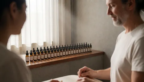 Essential oil bottles arranged on a wooden shelf in a serene Reiki therapy room with concrete walls and soft natural light