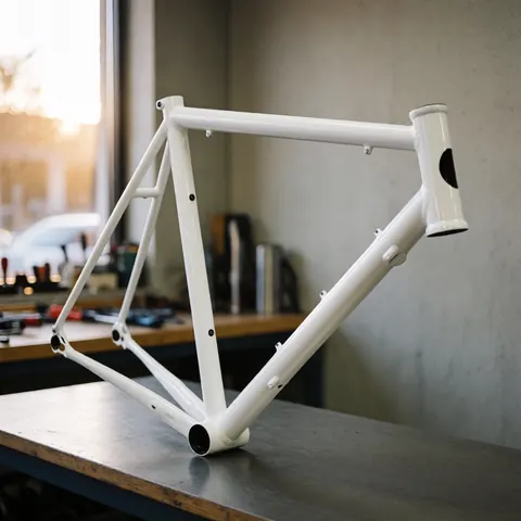 Close-up of a clean bicycle frame on a concrete surface with tools and blurred background