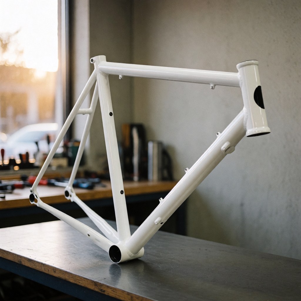 Close-up of a clean bicycle frame on a concrete surface with tools and blurred background