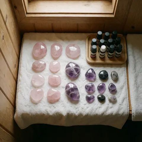 Rose quartz and amethyst rocks on a white towel with essential oil bottles on a wooden tray near a window with natural light and wood walls