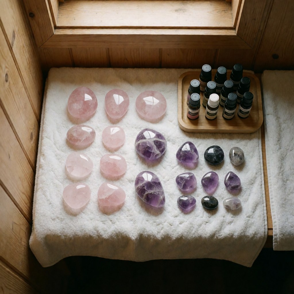 Rose quartz and amethyst rocks on a white towel with essential oil bottles on a wooden tray near a window with natural light and wood walls