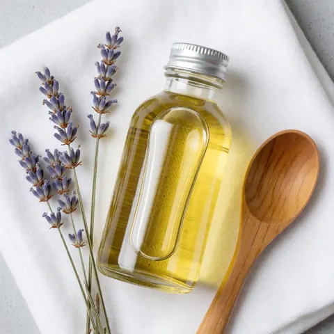 Flat lay of massage oil bottle, dried lavender, wooden spoon, and white cloth on wood surface