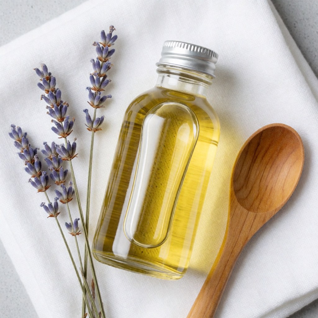 Flat lay of massage oil bottle, dried lavender, wooden spoon, and white cloth on wood surface