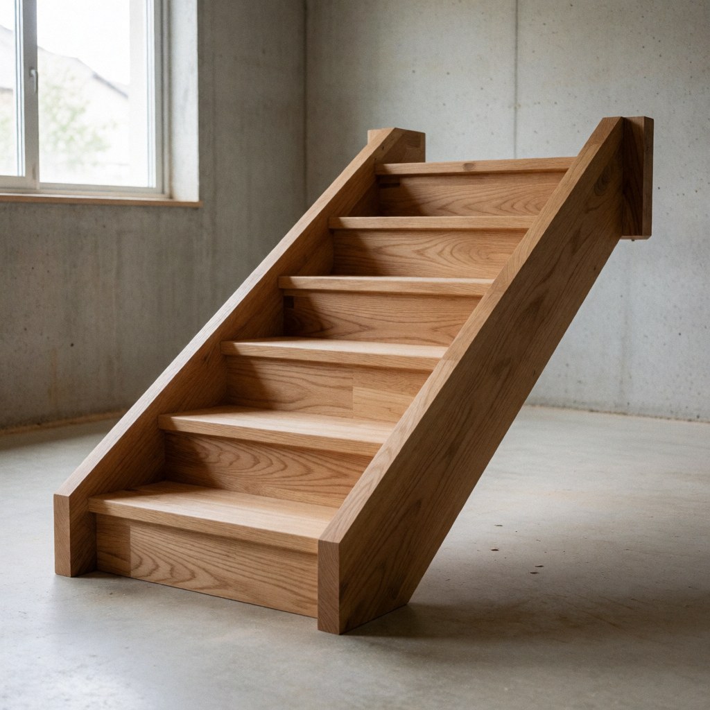 Solid wood ladder with visible grain details illuminated by natural window light in a concrete-walled workshop for furniture repair business