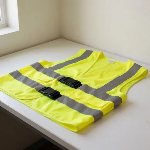 Neon yellow safety vests with reflective strips displayed on a white surface for product visibility