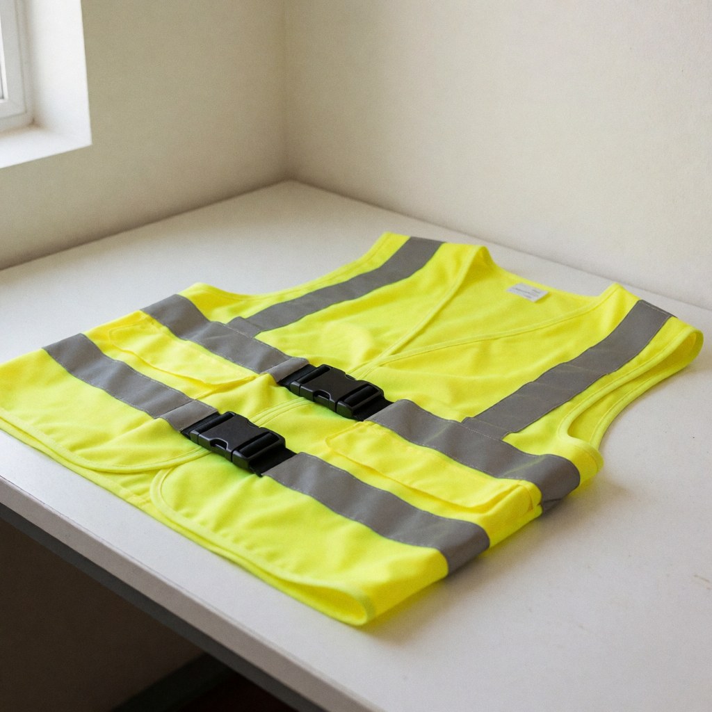 Neon yellow safety vests with reflective strips displayed on a white surface for product visibility