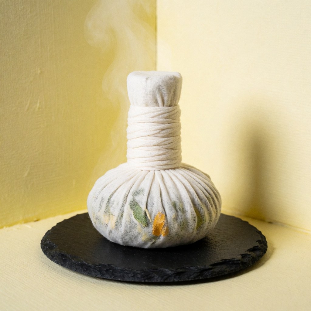 Steaming hot Thai herbal compress resting on a smooth black stone with soft yellow walls in the background for relaxation therapy