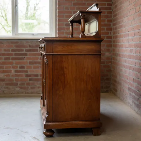 A restored antique wooden sideboard with a glossy finish displayed in a workshop with brick walls and natural light