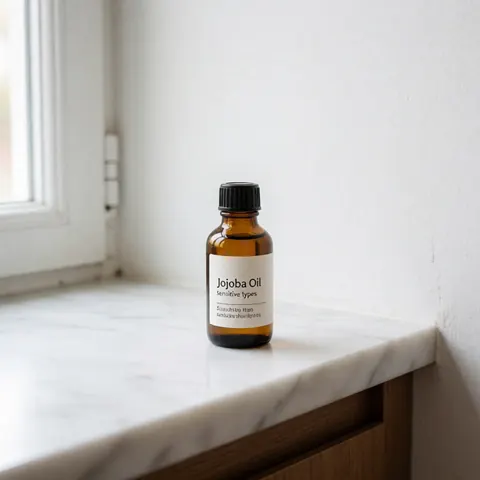 A minimalist amber glass bottle containing jojoba oil, suitable for sensitive skin and swedish massage therapy products