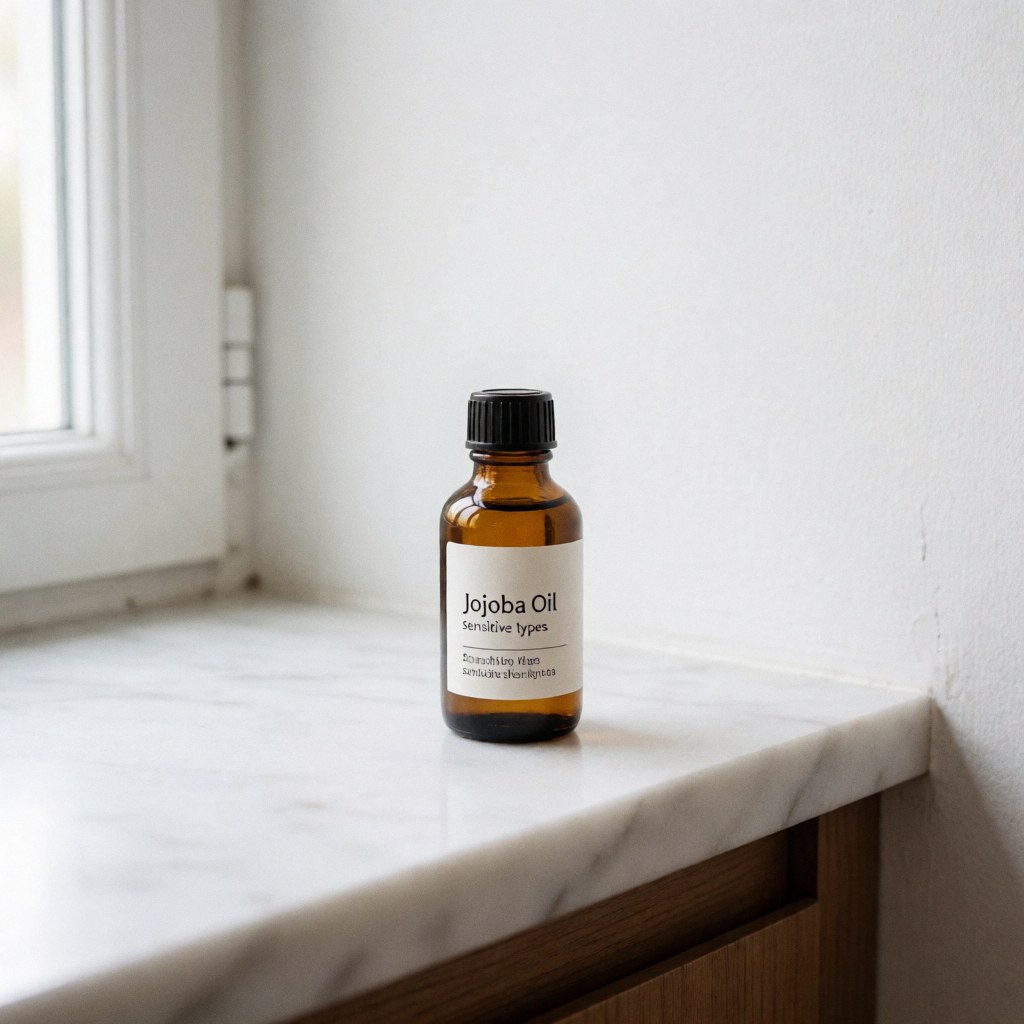 A minimalist amber glass bottle containing jojoba oil, suitable for sensitive skin and swedish massage therapy products
