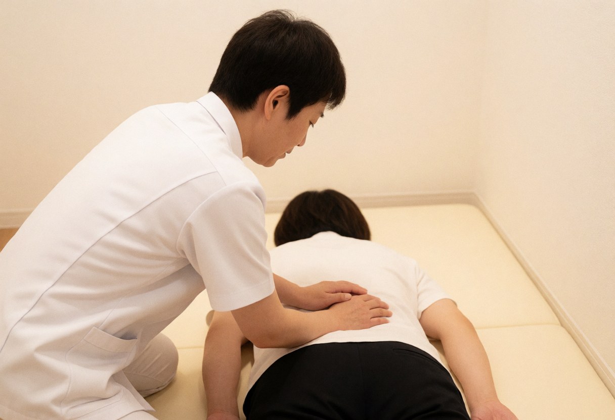 Thai massage practitioner applying pressure to a client's back in a minimalist room with white walls and warm lighting.