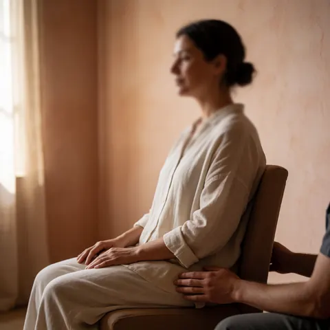 A therapist guides a client through deep breathing exercises in a calm, terracotta-walled room to promote relaxation and stress relief.