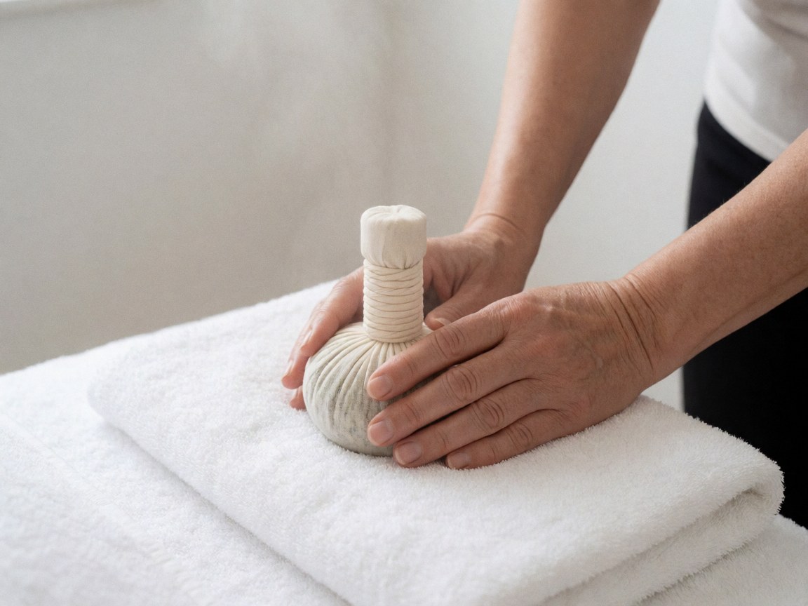 Adult hands preparing an herbal compress ball for Thai massage on a white towel with soft steam rising against a white background