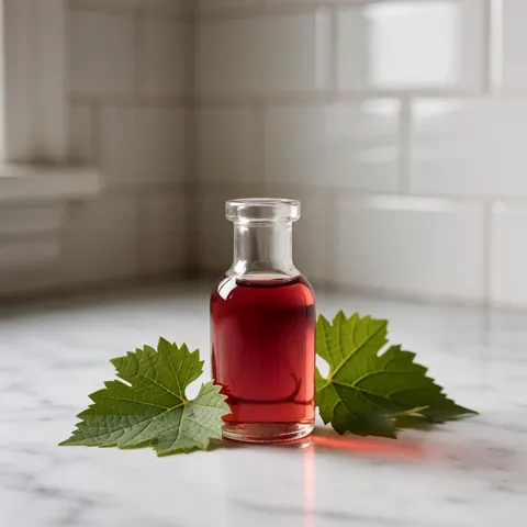 A small glass vial containing grape seed oil placed on a white marble surface with green and red leaves nearby, suitable for spa and beauty product displays
