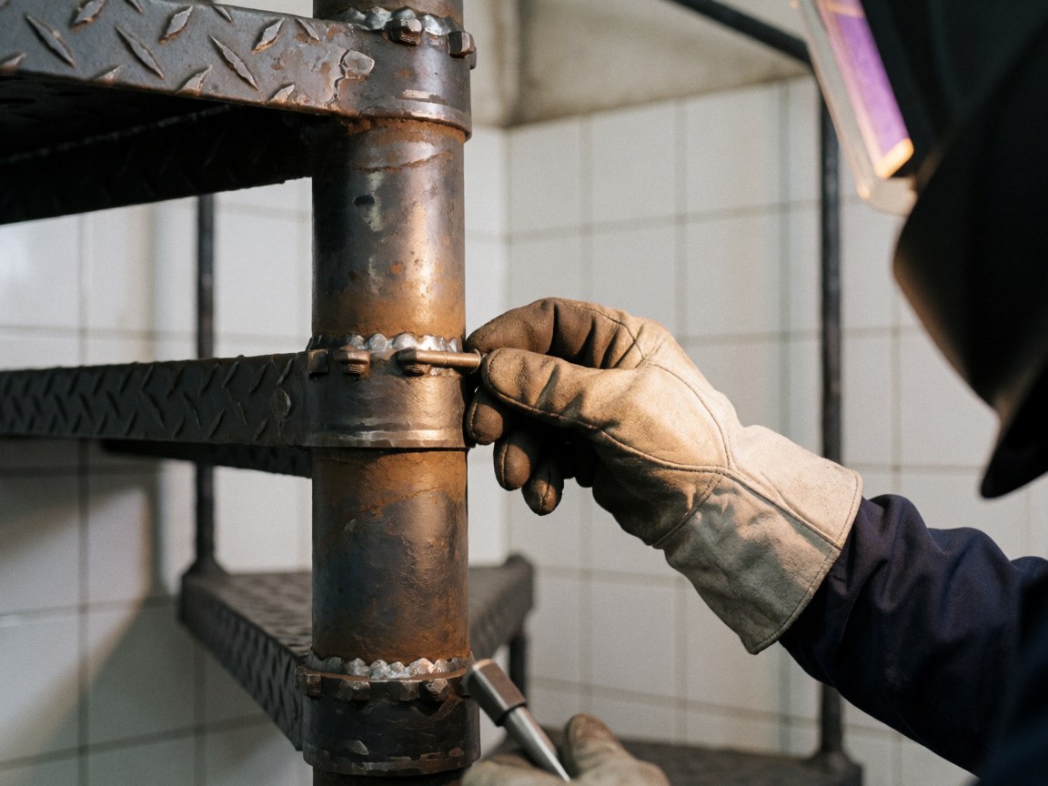 Close-up of a gloved hand tightening a screw on a metal frame with white tiled walls and tools visible in warm lighting