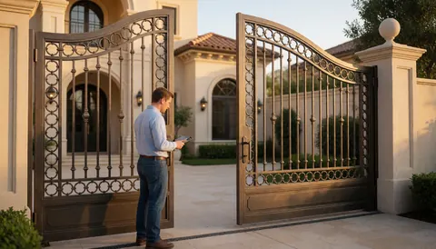 Close-up of a luxurious wrought iron gate with elegant design, showcasing metalwork craftsmanship and security features for a high-end home entrance.
