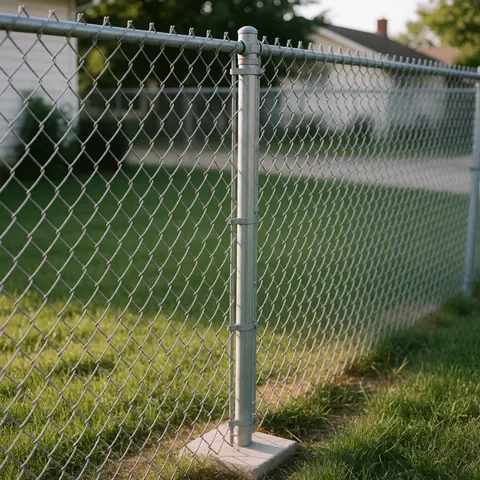 Galvanized metal chain link fence with concrete posts installed in a residential garden for property security and protection