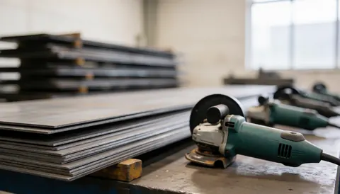 Stacked steel sheets and power grinders on a workbench in a metalworking shop, serving as a textured background for industrial text overlays.