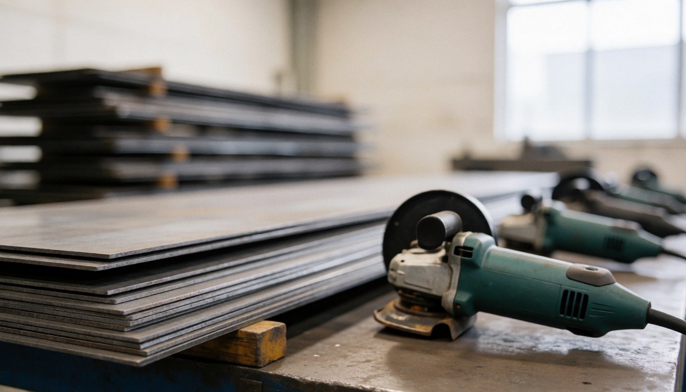 Stacked steel sheets and power grinders on a workbench in a metalworking shop, serving as a textured background for industrial text overlays.