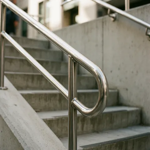 Close-up of a sleek stainless steel handrail installed on concrete steps, reflecting light with a modern industrial design suitable for metalworking businesses