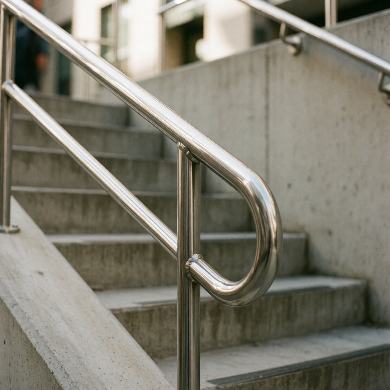 Close-up of a sleek stainless steel handrail installed on concrete steps, reflecting light with a modern industrial design suitable for metalworking businesses