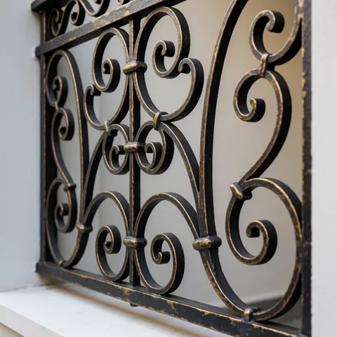 Close-up view of a detailed wrought iron fence featuring ornamental metalwork with black and gold finishes against a white wall
