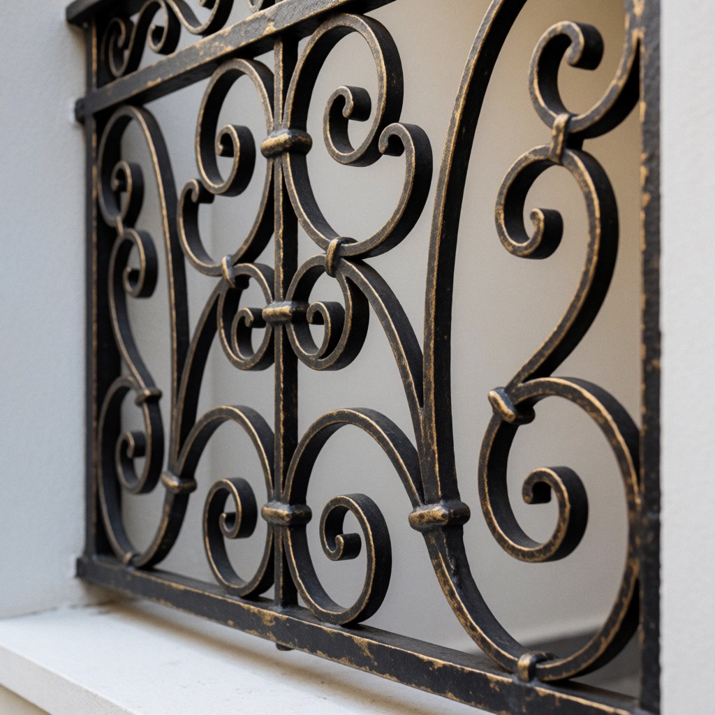Close-up view of a detailed wrought iron fence featuring ornamental metalwork with black and gold finishes against a white wall